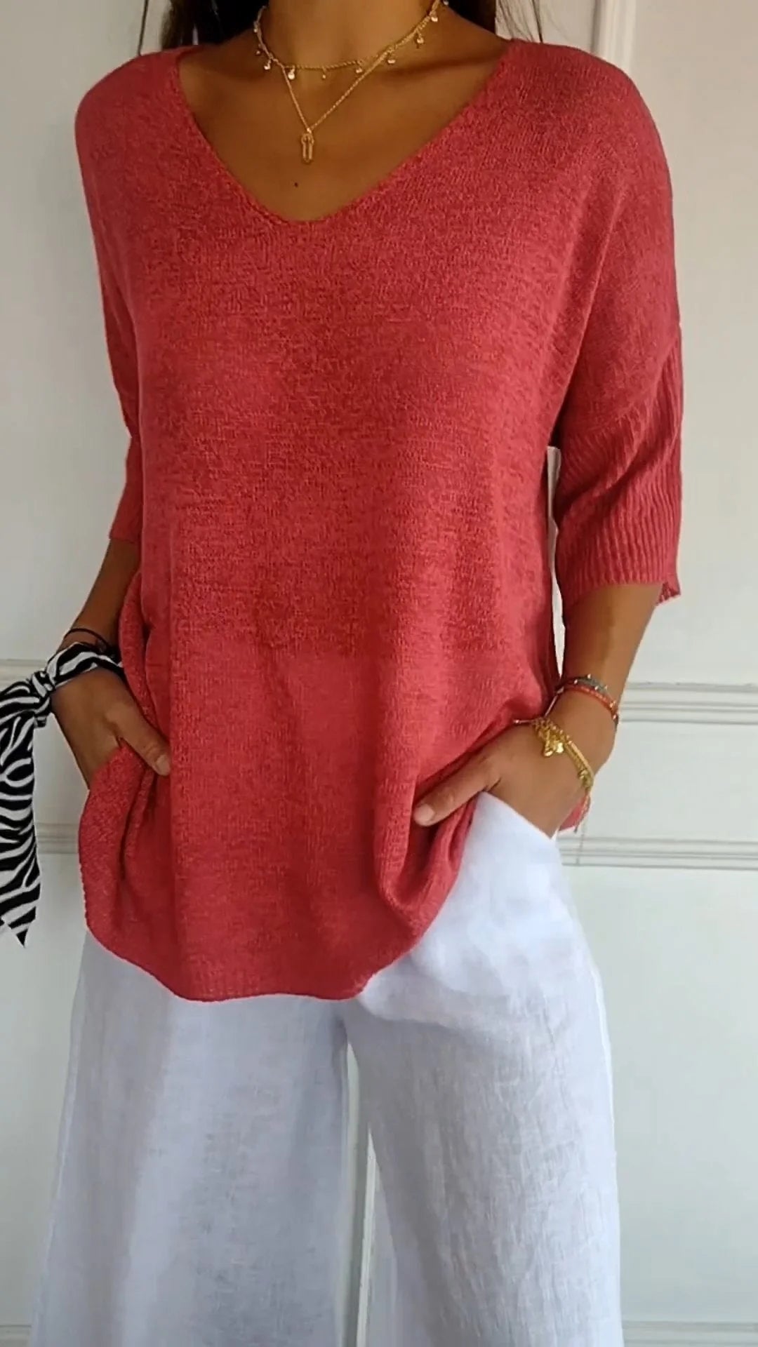 LORENA™ | Cotton Knit top with a V-neck